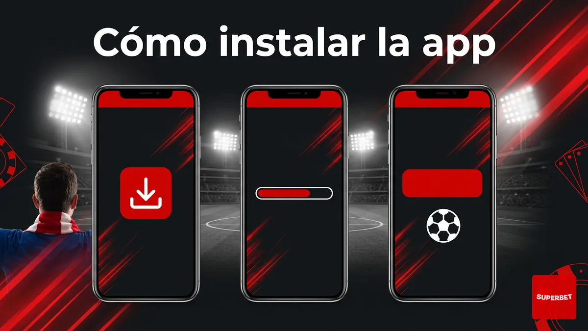 Tres pasos ilustrados para instalar la app de Superbet en el celular, con acentos de estadio de fútbol