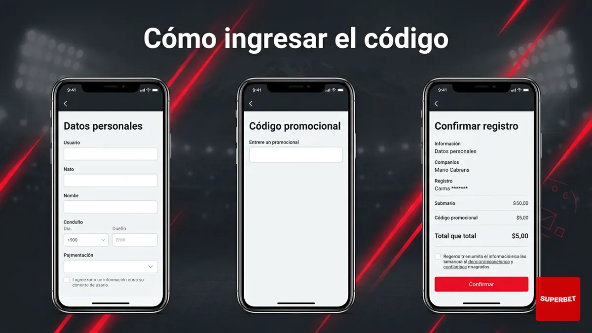 Pasos para ingresar el código promocional Superbet Chile en el registro, mockups de celular en español