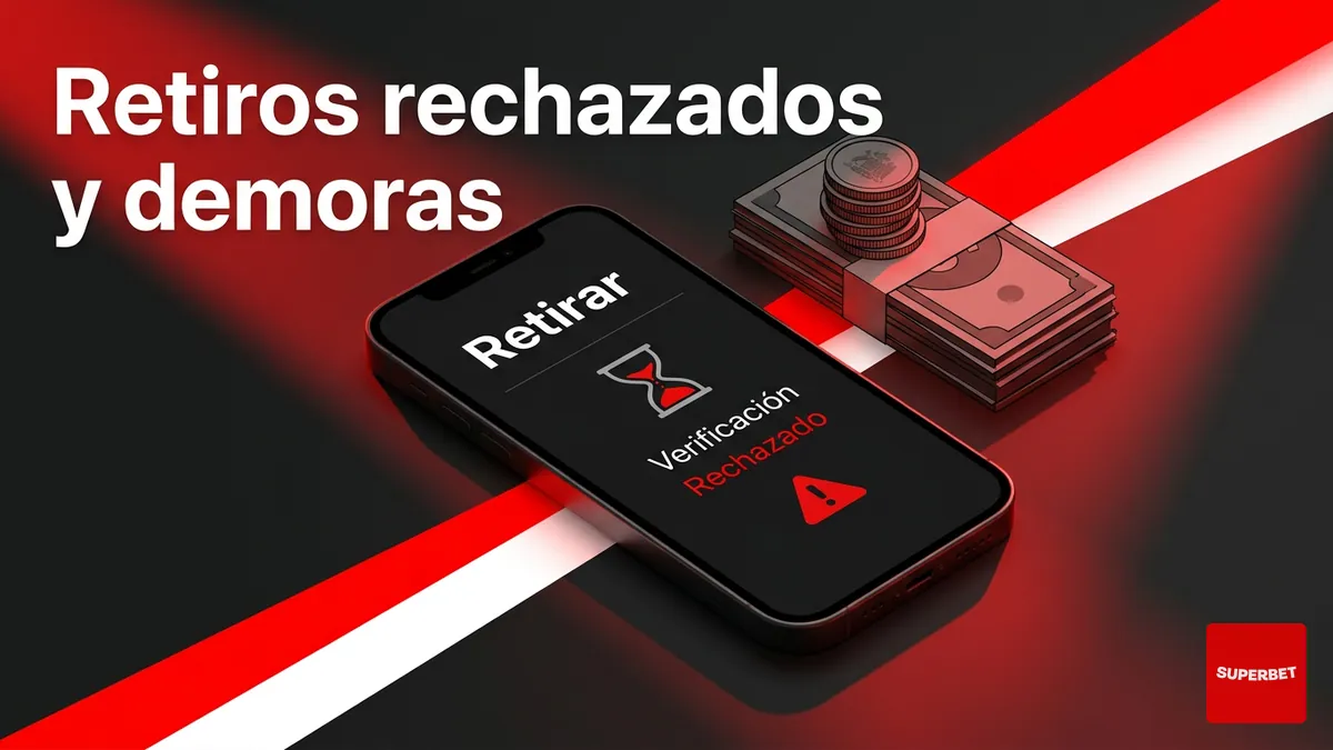 Pantalla de retiro rechazado y monedas chilenas que ilustran quejas sobre pagos de Superbet